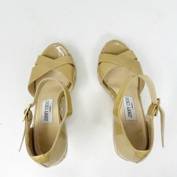 Jimmy Choo Phoenix Nude Patent Leather Espadrille Platform Wedge Sandals 37 (7) - Picture 5 of 8